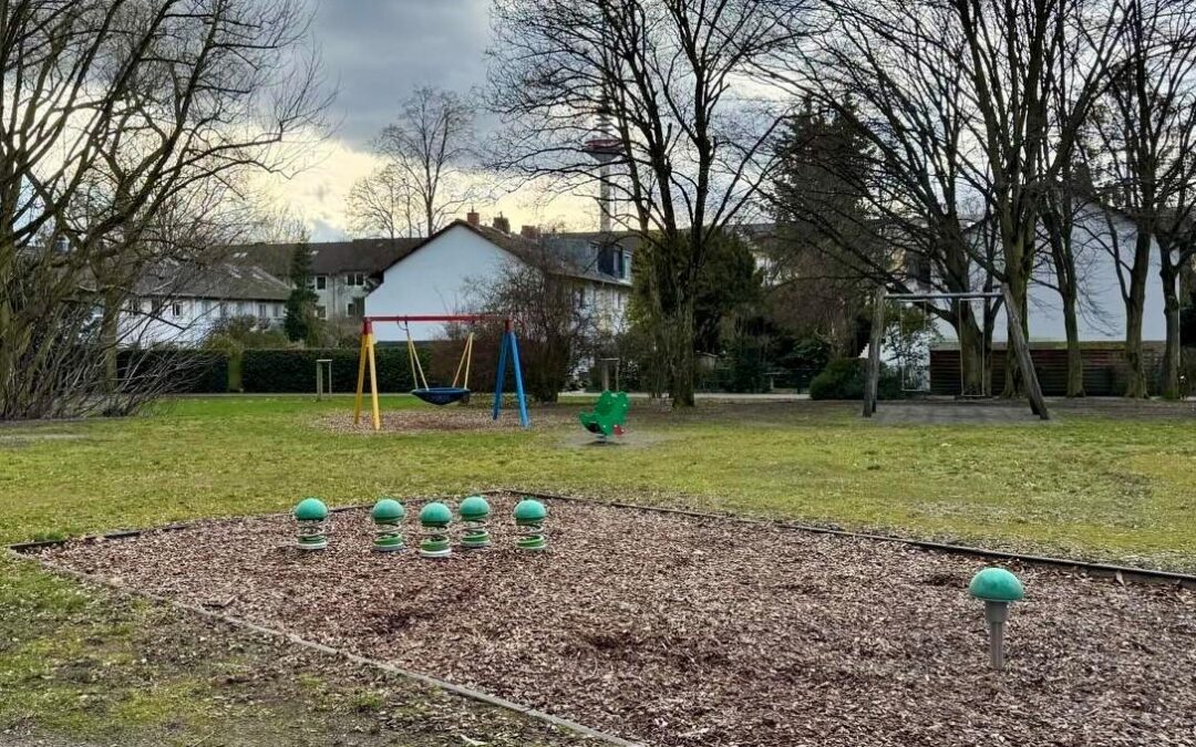 Im Hintergrund stehen weiße Häuser, davor hohe, kahle Bäume, man sieht einen Spielplatz mit Rasen, einer Nestschaukel und einem Sandkasten.